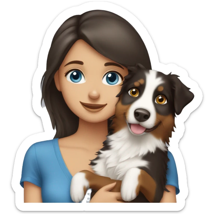 Brunette blue blue-eyed girl hugging Tricolored Australian Shepherd sticker