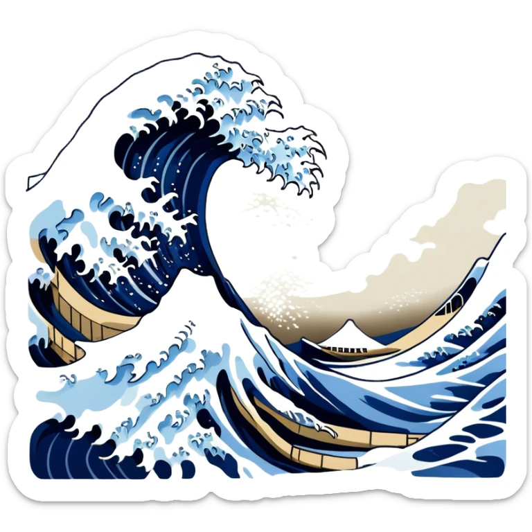 Cinematic Realistic Great Wave off Kanagawa, depicted as a colossal, crashing wave with dynamic blue hues and frothy white crests, rendered with intricate textures and fluid motion that captures both the timeless power and poetic beauty of the iconic Japanese artwork sticker