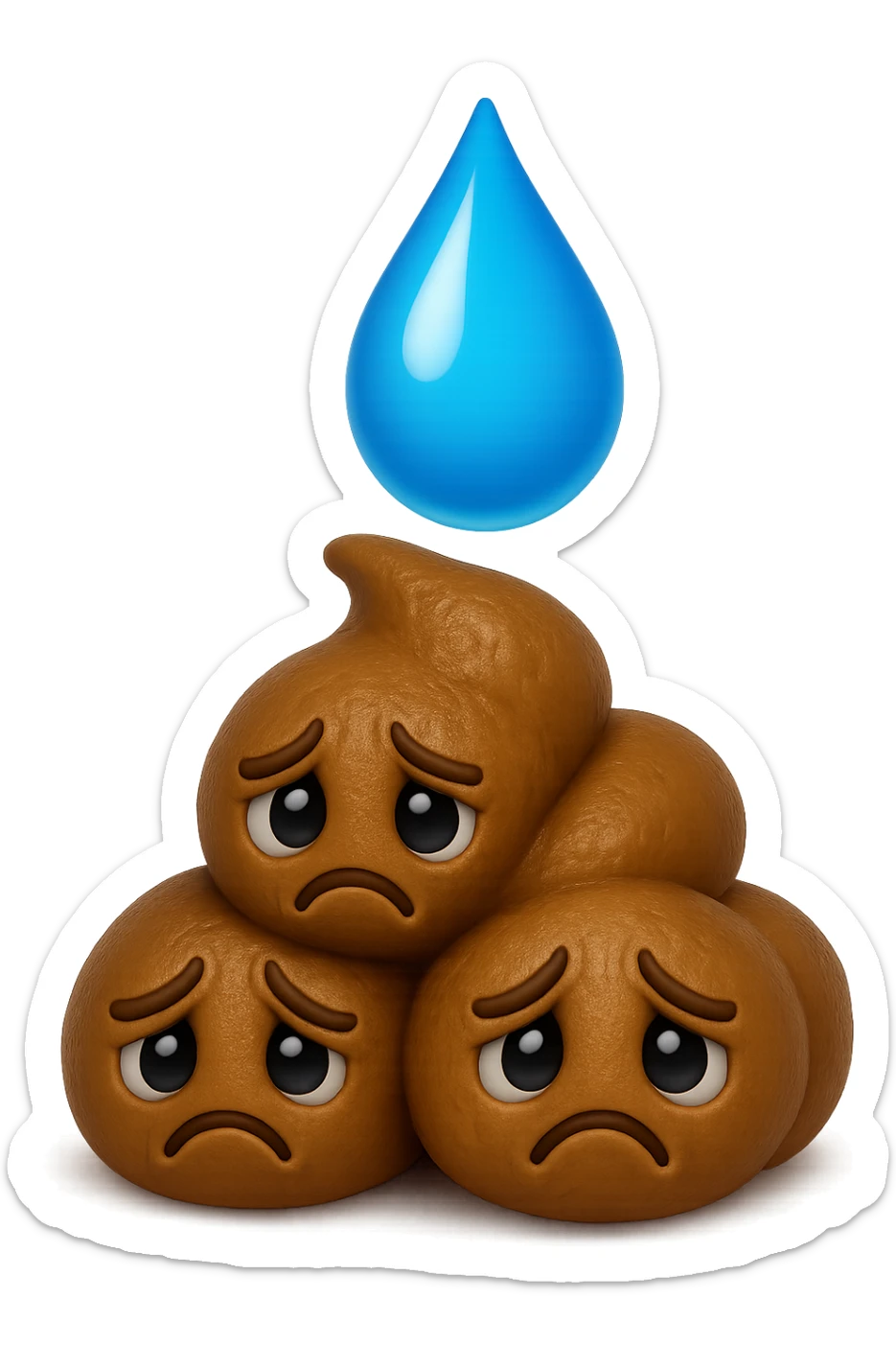 emoji stile iphone di una montagnetta di feci umane realistiche a palline tristi con sopra un simbolo delle gocce di acqua, iperrealistico 4k sticker