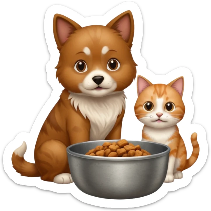 The dog is itching because of fleas, the cat is eating a lot of food from the bowl sticker
