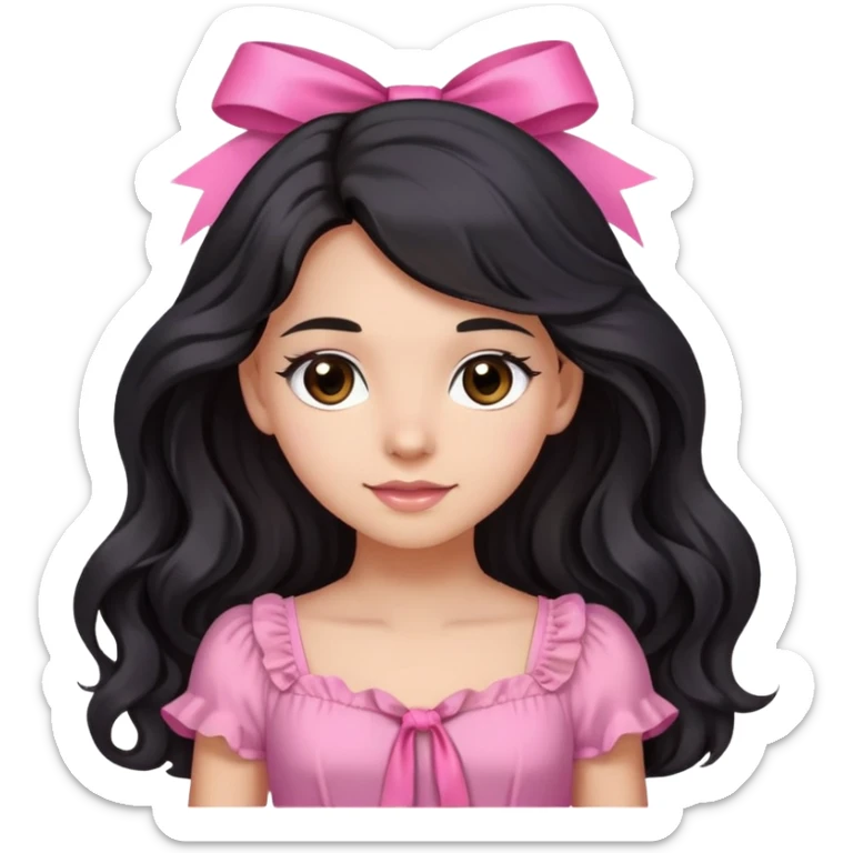 Beautiful girl with long wavy black hair, brown eyes, light skin, slight smile, pink ribbon in hair, and pink dress sticker