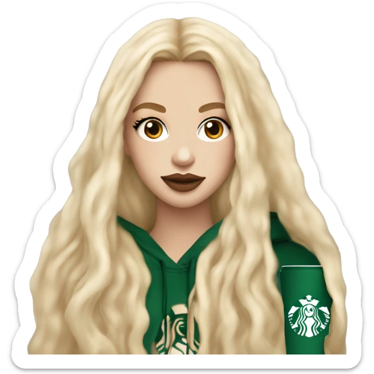 White skin girl with long blonde hair extensions with big lips and lashes with a Starbucks in her hand and a beige hoodie on sticker