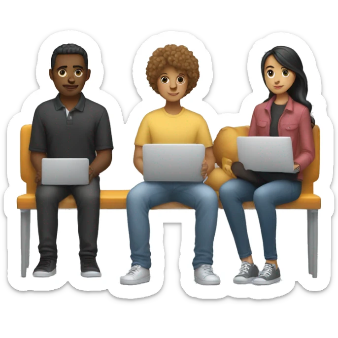 2 girl and 3 man each of them holding laptop and sit together  sticker