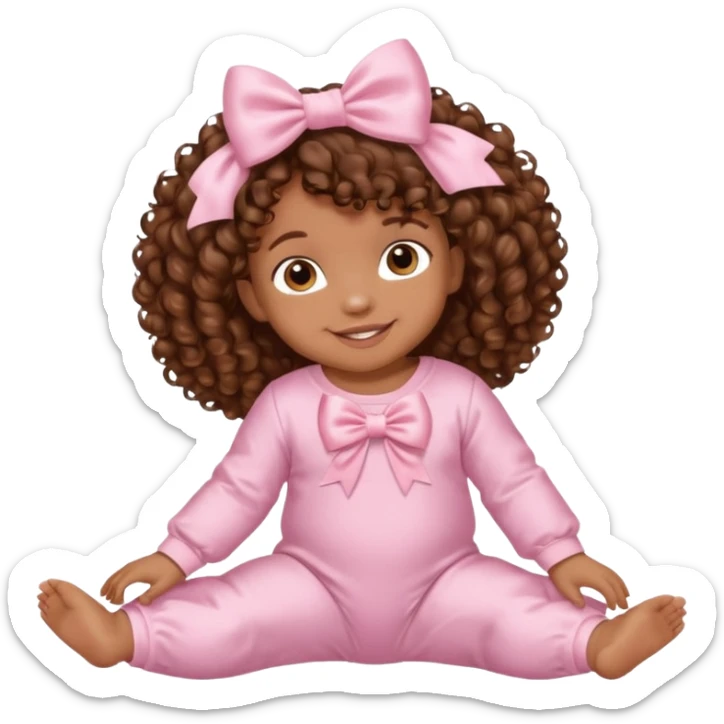 Brown skin 6 month old baby with brown curly hair down laying down smiling with satin baby pink onesie and white bow sticker