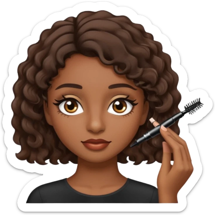 Garota parda de cabelos ondulados castanhos escuros curto aplicando máscara de cílios sticker