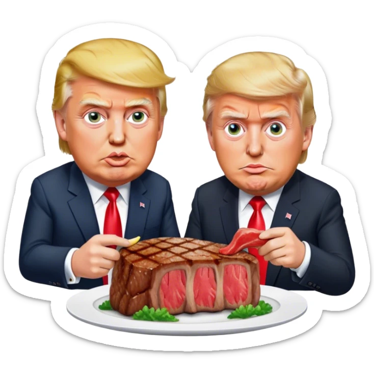 photorealistic Donald Trump and Macron eating a steak shaped like an piece of land sticker