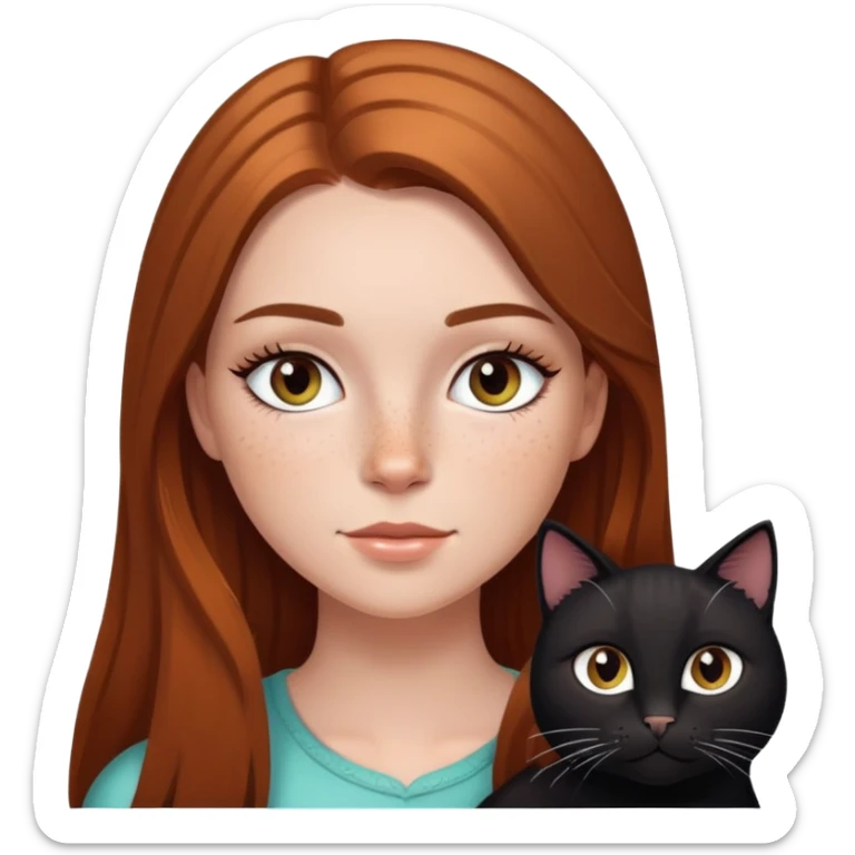white girl with freckles, eyelashes, long brown straight highlighted hair, and a black cat sticker