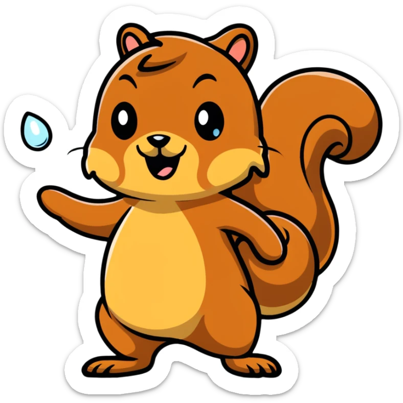 Cartoon squirrel with obvious big drool droplet hanging from mouth, extremely hungry, stomach growling sticker