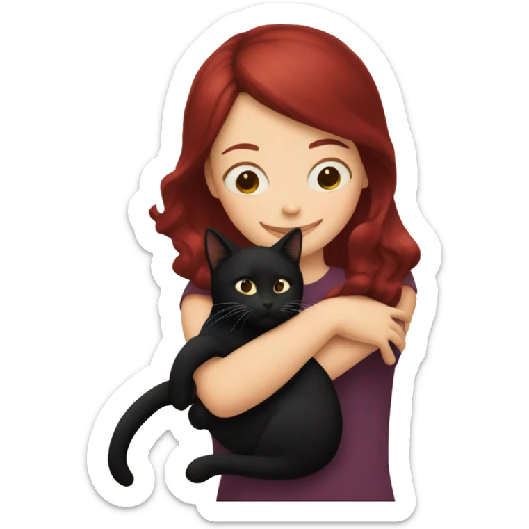 realistic girl with burgundy hair hugs a black cat sticker