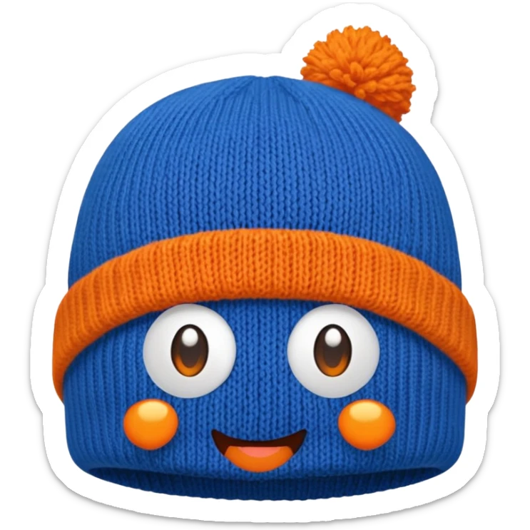 Blue beanie with an orange rim, and an orange puff dot at the top sticker