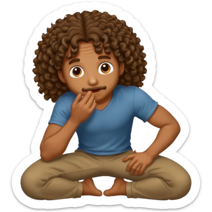 Brown man with curly long hair is so hungry he’s on Knees mouth watering sticker