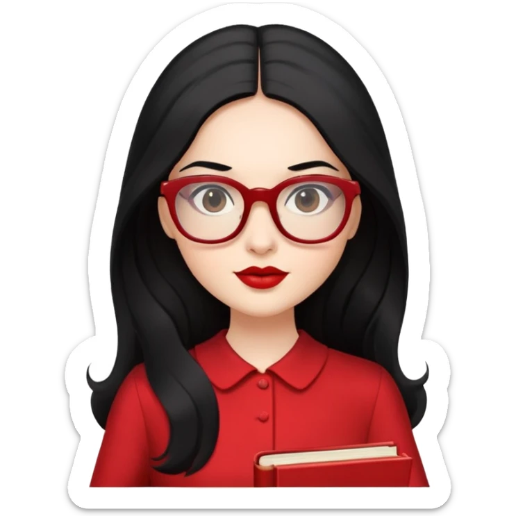 Woman, in red dress, with black long hair, glasses on face, red lips, book in hand sticker