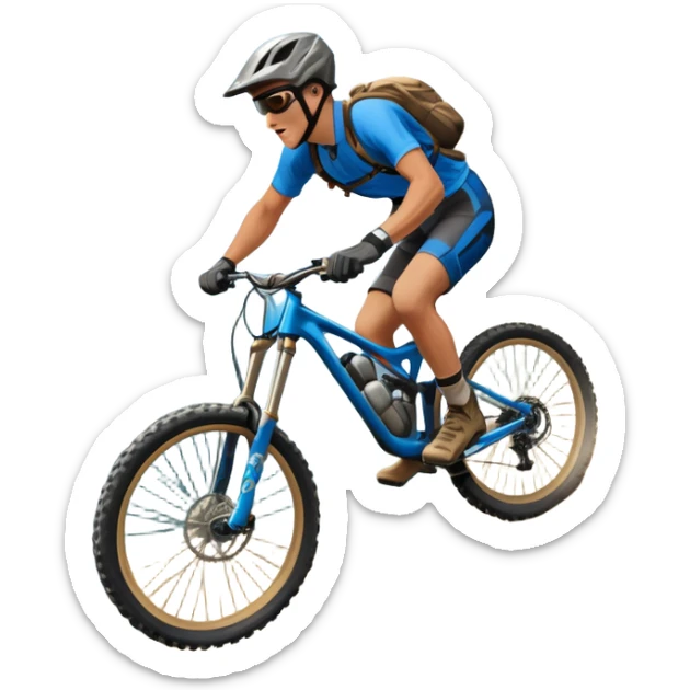 A thrilling downhill mountain biking scene! A rider in full gear speeds down a steep rocky trail, kicking up dust. The rugged mountain landscape surrounds them, with towering peaks, evergreen trees, and a bright blue sky. The rush of adventure is in the air. Transparent background. sticker
