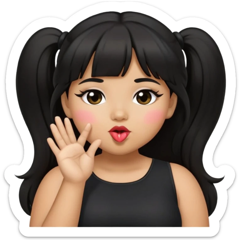 Latina girl with bangs black long hair in pony tail plus size black dress blowing kiss sticker