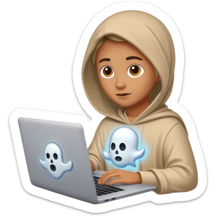 Create an emoji where an ungender person sits in front of the desk, designing ghost characters on laptop. Please refer to the attached image for ghost characters. sticker