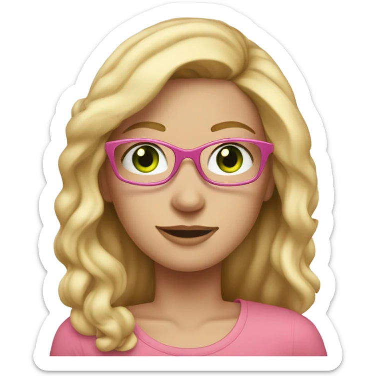 Woman with long blonde hair, freckles, green eyes, glasses, wearing pink top, sticker