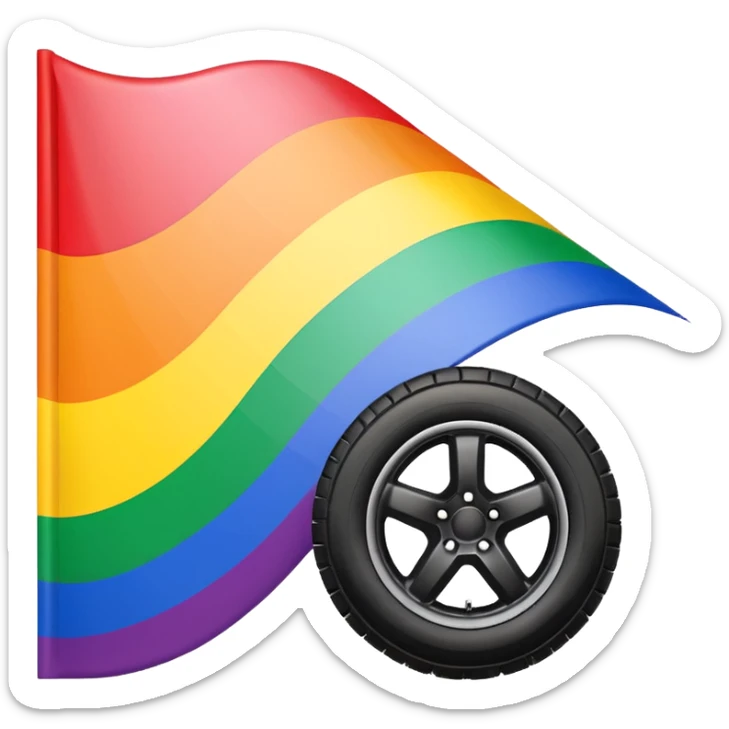 vector emoji of LGBT rainbow flag, bright and vibrant, with black realistic tire skid marks crossing diagonally, compact, high contrast, clear design, white or transparent background sticker