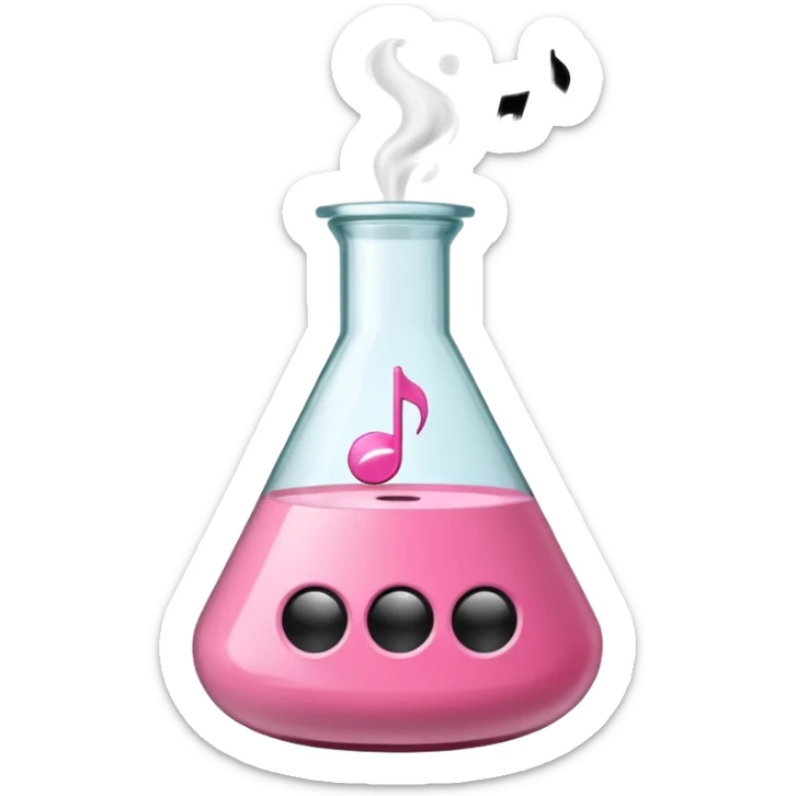 bublegum pink flask beaker with music coming out, as well as a vintage audio speaker sticker