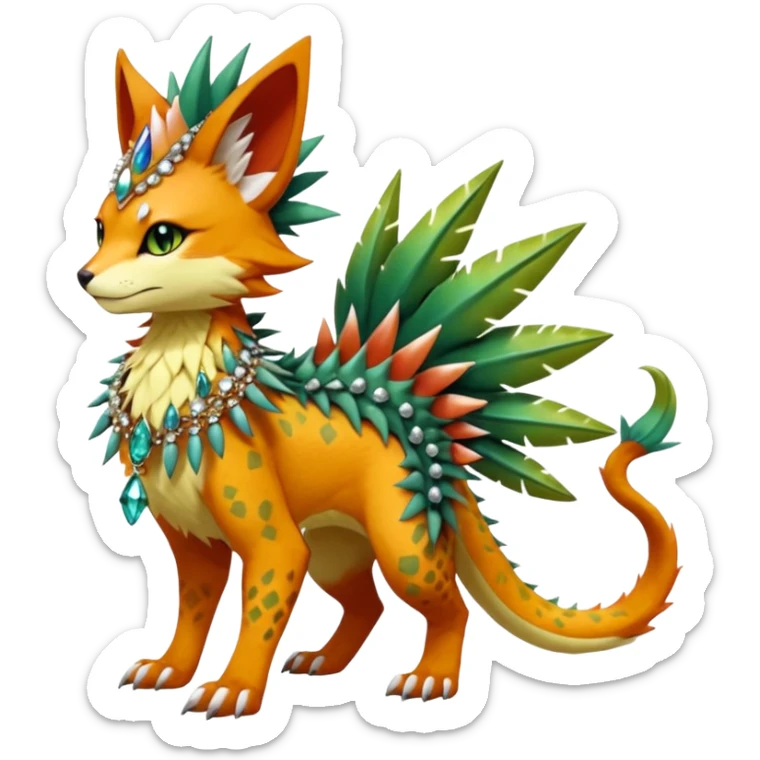 Kawaii cute reddish orangish yellowish greenish exotic tropical beautiful pretty elegant divine edgy feline-vernid-sergal-Fakémon-Pokémon-fursona-animal-creature with accessories, jewelries, full body, with intricate detailed markings, spikes, crystals, fins, scales, spiny, feathered, headdress sticker