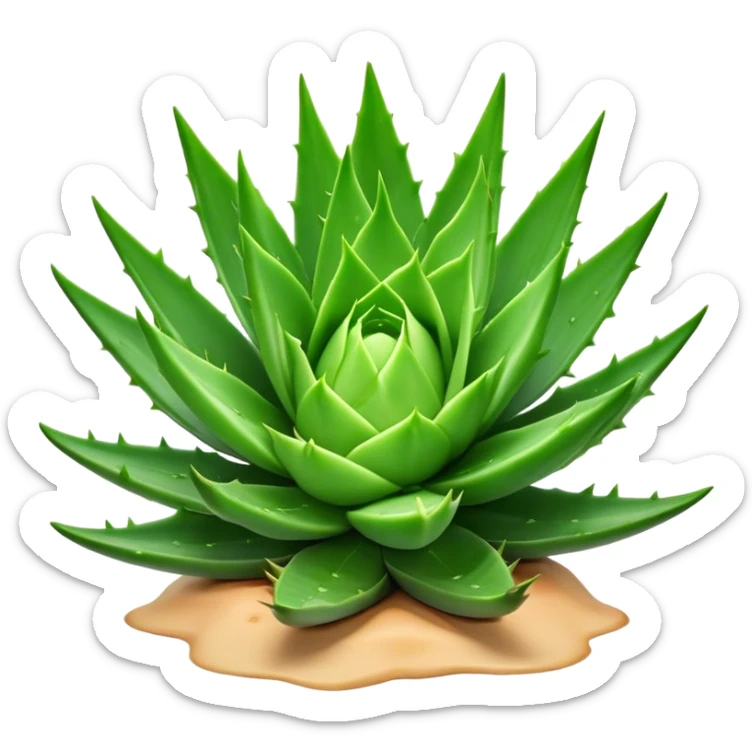 Cinematic Realistic Aloe Vera Emoji, Plump and succulent, with thick, fleshy leaves arranged in a star-like rosette. The vibrant green leaves have a slightly spiky texture, exuding a sense of resilience and healing. Soft glowing outline, capturing the essence of natural wellness and desert vitality in a flourishing aloe vera plant! sticker