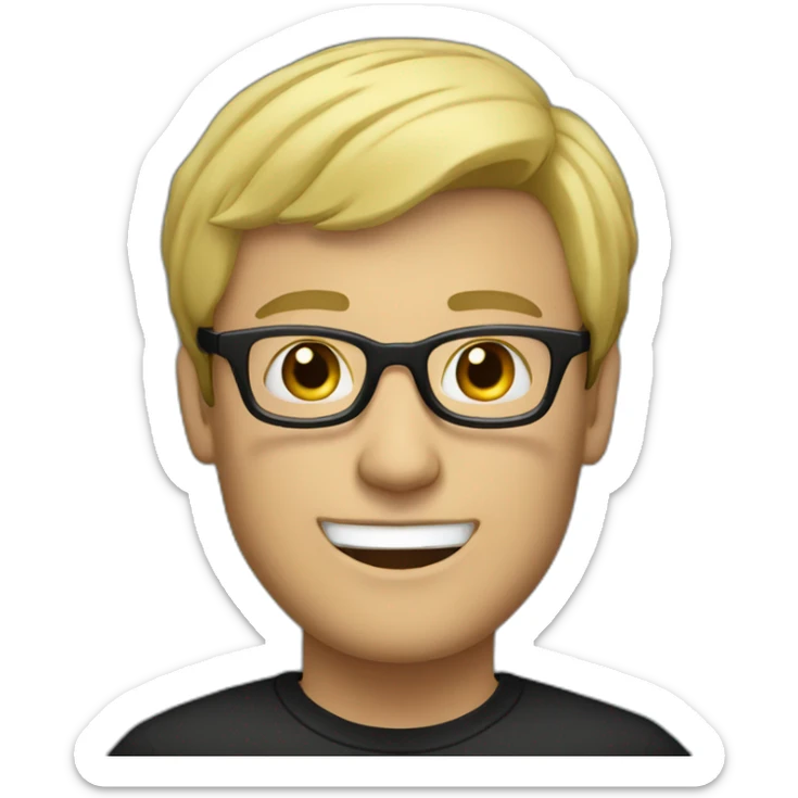 adult man with blond hair with black glasses, small smile, with the body sticker