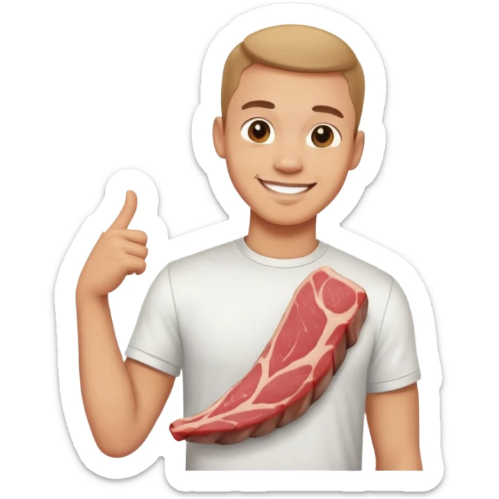 Smiling guy in t-shirt with a long smooth piece of meat on his right shoulder sticker