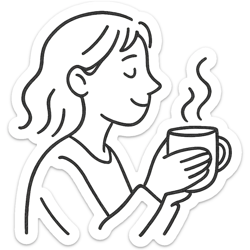 simple black and white pen sketch emoji of a woman in profile with a soft smile, holding a steaming mug in both hands, casual, hand-drawn, minimal, cozy, leisurely feeling, expressive face sticker