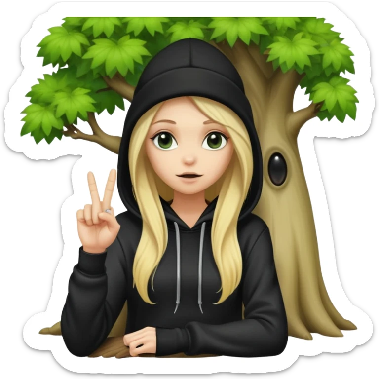 long hair blonde sitting by a tree with her middle finger up. I want her wearing a black beanie and an alien hoodie sticker
