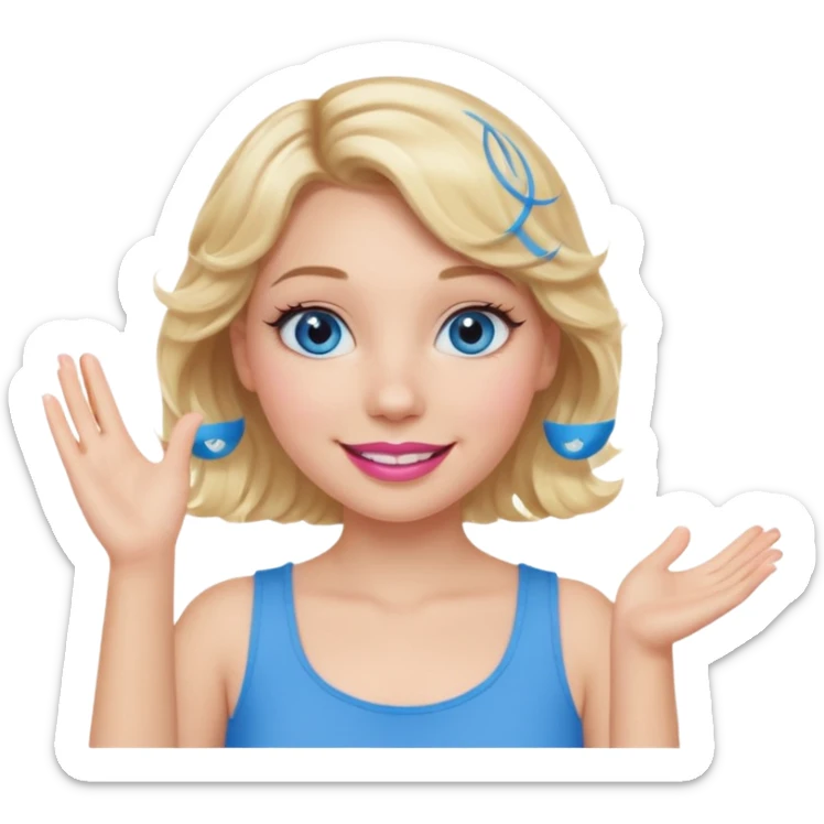 Girl Blonde short wavy hair,  blue eyes, cute blue top, long lashes, pink lips, smiling, one hand in the air sticker