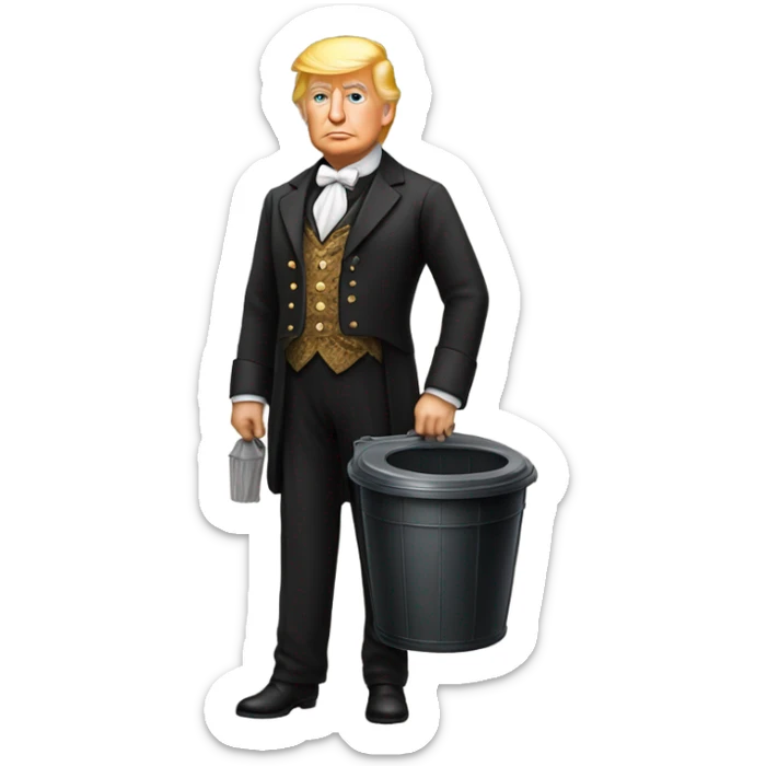 trump in Victorian dress elegant, full body, holding a trash bidon sticker
