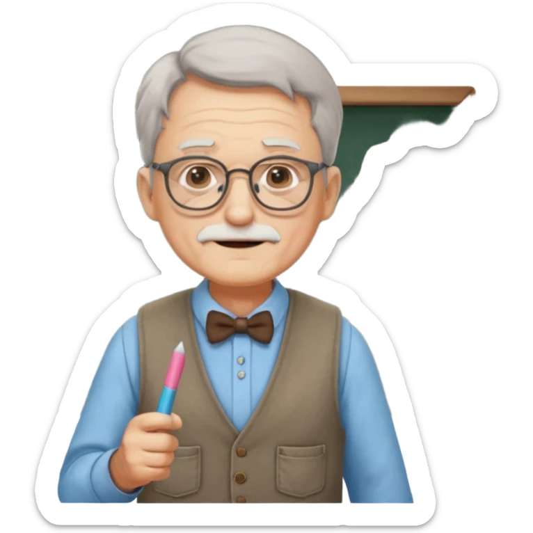 Man teacher: old, wearing vest, wearing glasses, hold chalk on their hand sticker