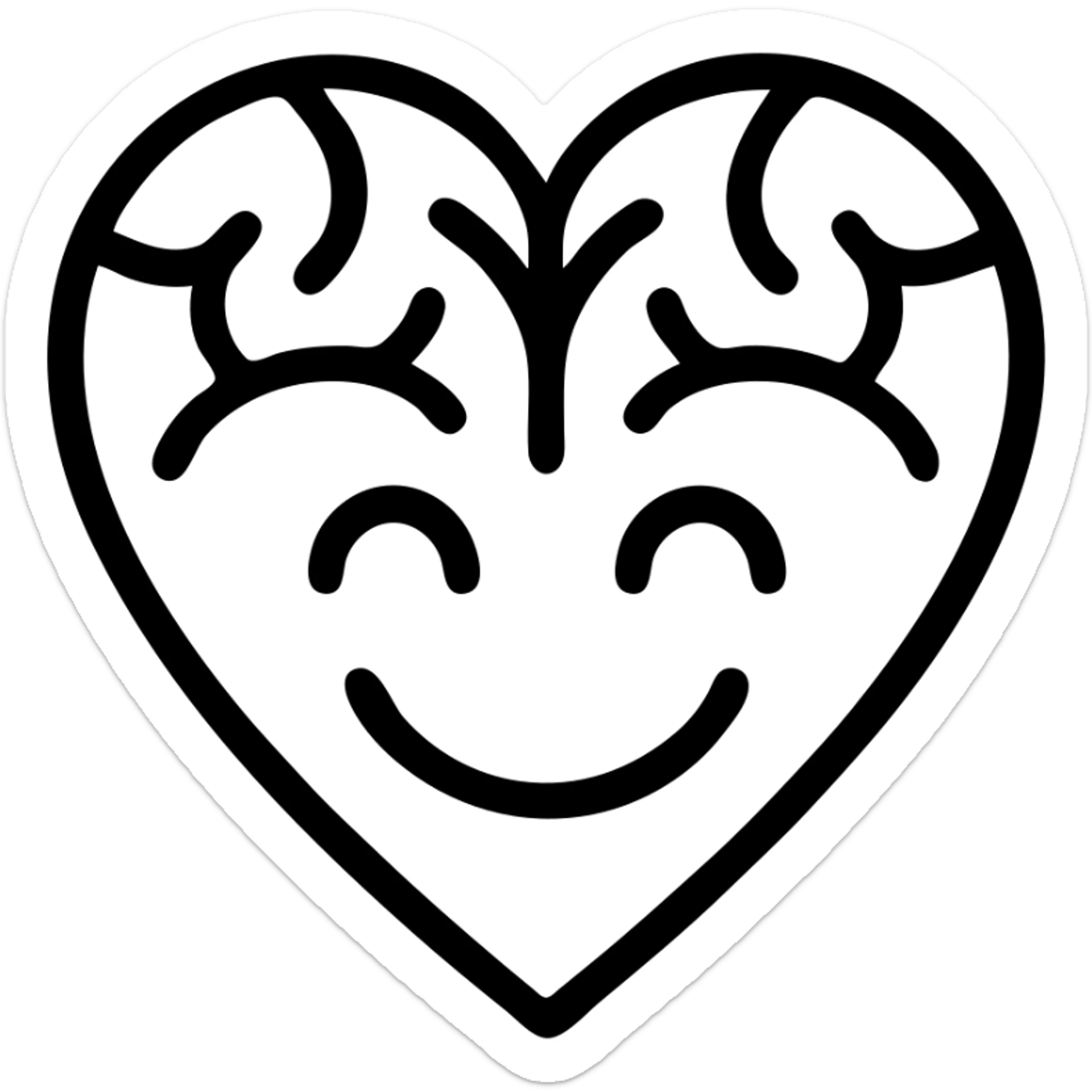 playful outlined icon of a brain shaped like a heart, big smile, emoji for chat sticker