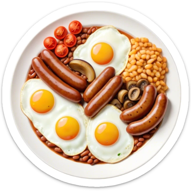 English Breakfast Cinematic Realistic English Breakfast Dish Emoji, depicted as a hearty plate featuring 2 sizzling sausages, a central serving of baked beans, 2 perfectly fried eggs, 2 sliced grilled tomatoes, 2 grilled mushrooms, and a triangle-shaped hash brown, rendered with vivid textures and warm, inviting lighting. sticker