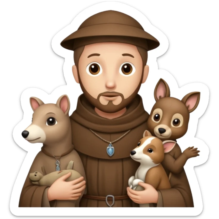 Saint Francis of Assisi cartoon modern type with animal to be used as an AI crfreation in HeyGen.com, please create a winter background sticker