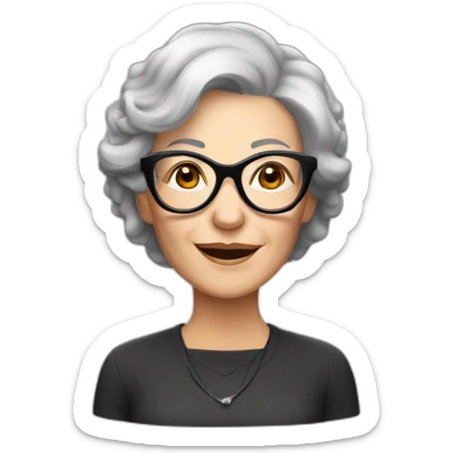 Older white woman with black and grey hair and black round glasses sticker