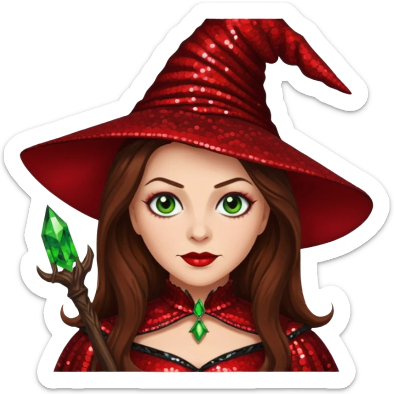 Wicked Witch of the East from the Wizard of Oz with long brown hair, red sequin outfit sticker