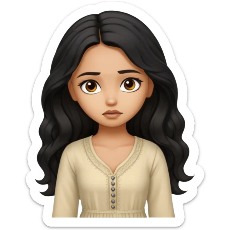 a pretty tan bratz girl with long wavy black hair, wearing a light kurti. looking sad sticker