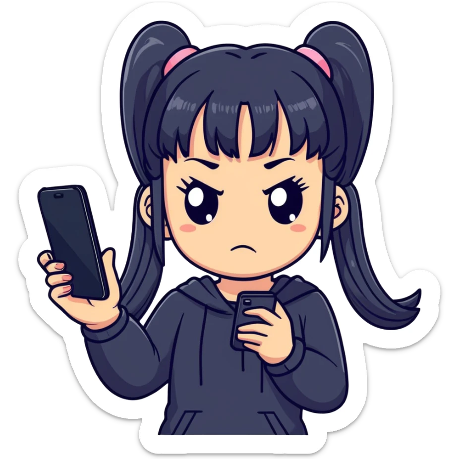 sticker-style illustration of cute girl with two long ponytails, straight bangs, dark outfit, exaggerated angry face with furrowed brows and puffed cheeks, gripping smartphone, floating phone screen with two happy characters, making her jealous, minimal, bold, expressive, pink background sticker