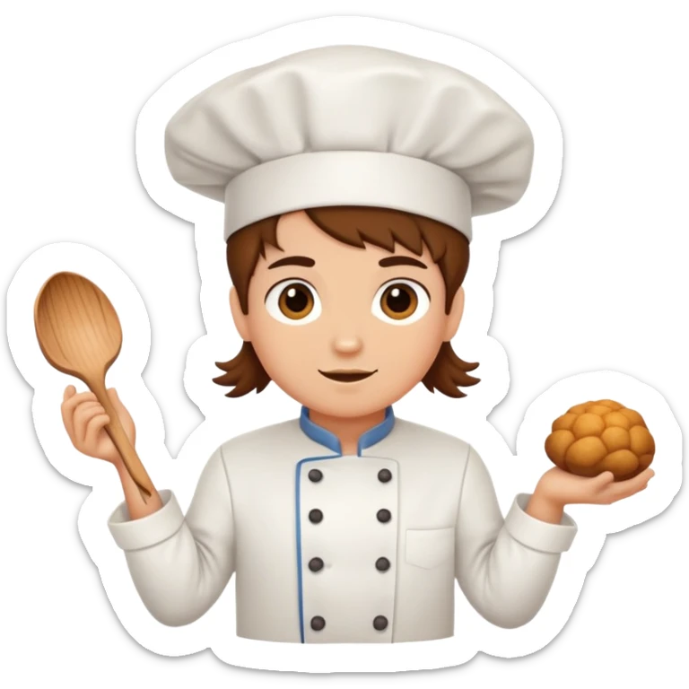 Chef cuisinière marron aux cheveux bruns moyens et bouclés, avec une toque, une auréole d'ange et des cornes  sticker