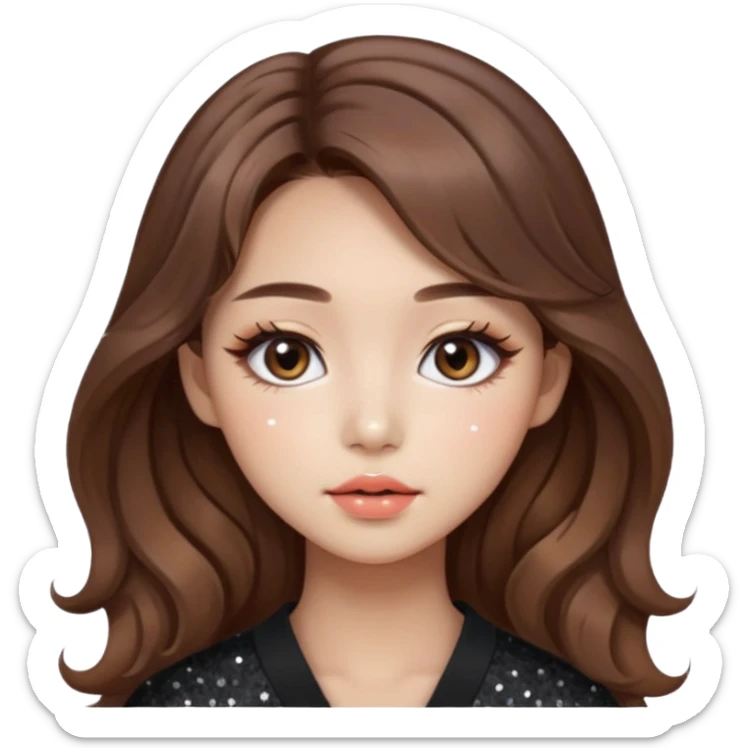 “korean brown hair Emoji girl, soft eyeliner, gradient lips, light brown shimmer eyeshadow, sparkly aegyo-sal, long wavy hair,  sticker