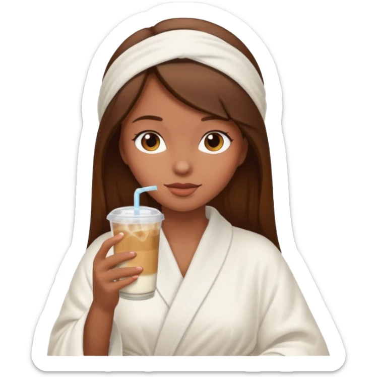 Side profile of a girl with brown hair in a robe and towel sipping iced coffee sticker