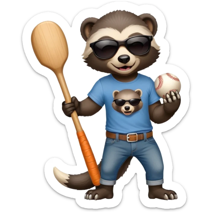 mischievous anthropomorphised honey badger in jeans and a t-shirt, wearing sunglasses, holding a baseball bat sticker