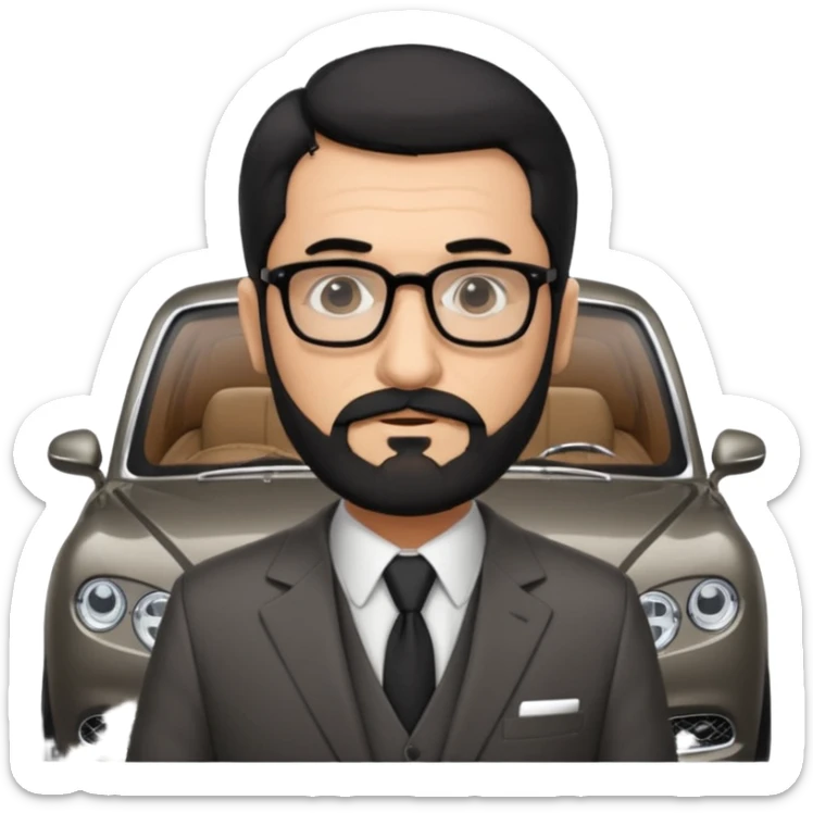 Professor Bentley Dyed black gray hair  frencb beard graying indian guy in suit with a bentley car. Older look with glasses sticker