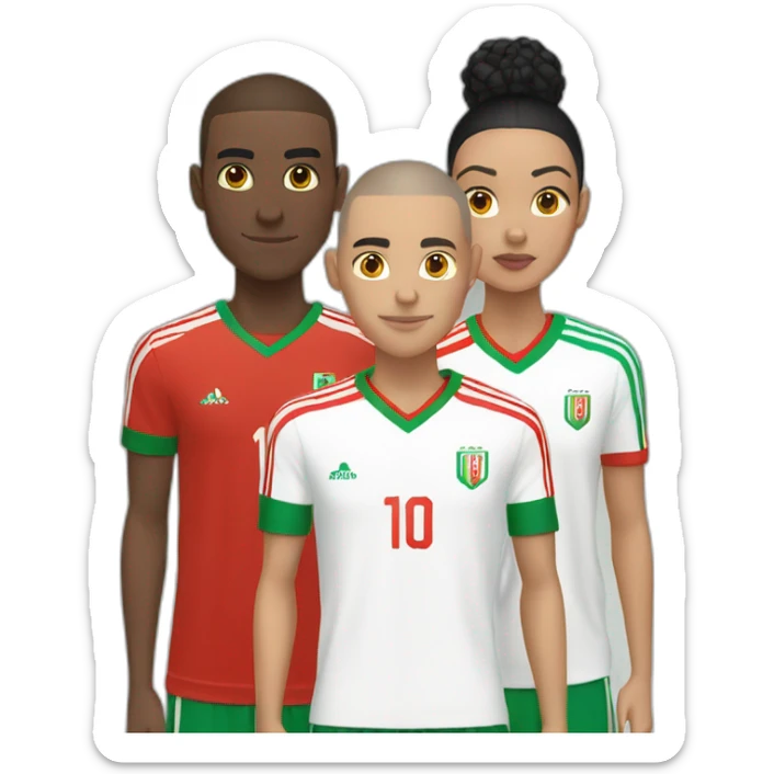 4 friends, a tall white one with black hair and a buzz cut wearing a french jersey, two other medium size wearing Morocco jerseys and a short light skin one wearing morocco jersey sticker