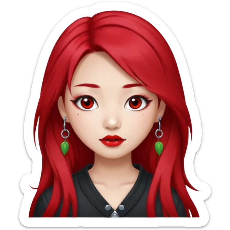 pretty girl asian, red cherry long hair,makeup grunge,Eyebrow and lip piercing sticker