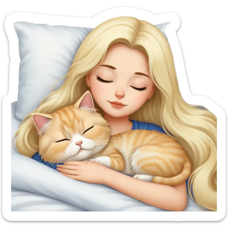 pretty girl with dark long hair sleeping with blonde fluffy  persian cat in bed sticker