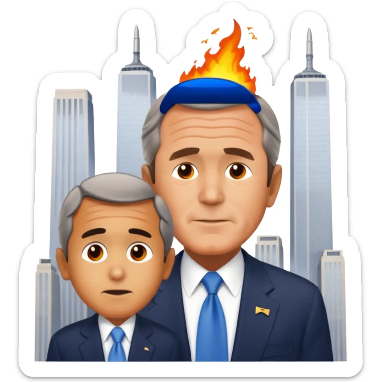 animated emoji of twin towers with a plane crashed into it and george bush on a phone in front of it sticker