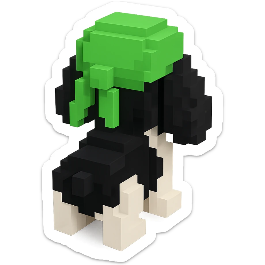 A black and white Russian Cocker Spaniel puppy wearing a green durag, voxel style, facing backward sticker