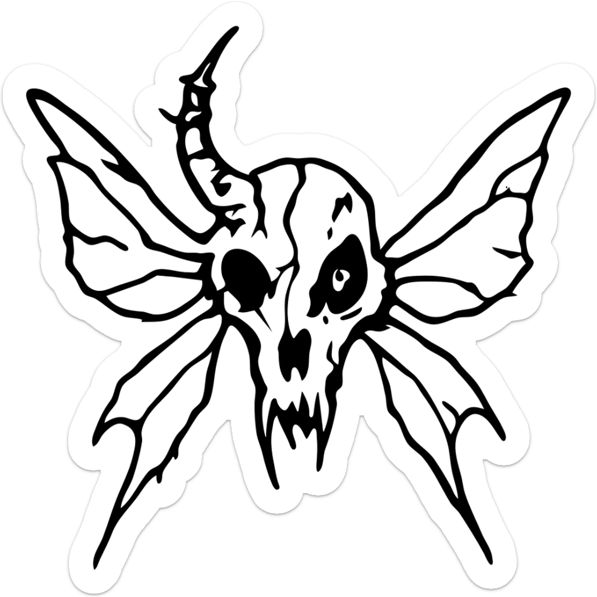 deeply disturbing minimal red horror line art of grotesque minotaur-stoat hybrid skull with aggressively fractured horn and demonic eye, unnatural twisted moth wings, mostly empty middle, no frame whatsoever, intensely unsettling with sparse but horrifying details, jagged edges with missing sections, pure nightmare fuel, 100% red sticker