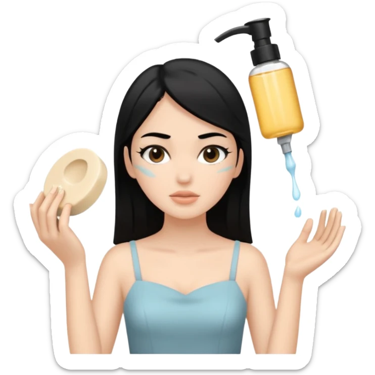 White girl with black hair in beige dress getting a facial cleansing sticker